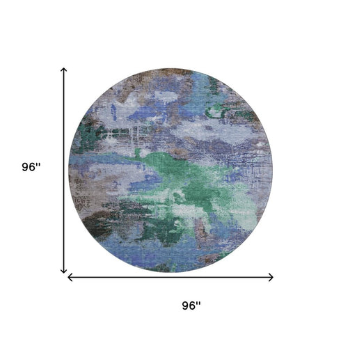 8' Green Purple And Brown Abstract Washable Round Rug With UV Protection