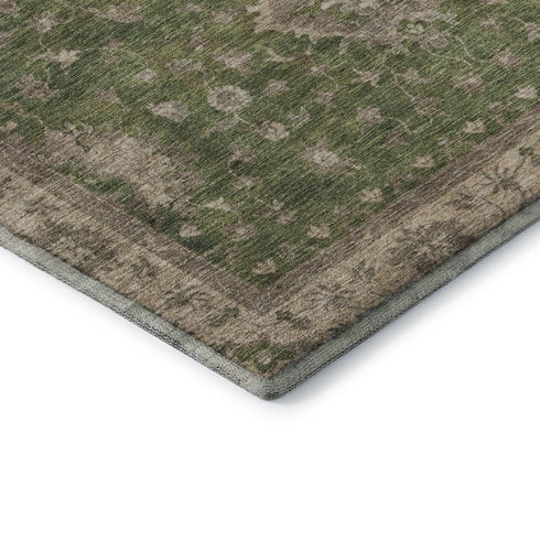 8' X 10' Artichoke Green And Beige Oriental Washable Area Rug With UV Protection