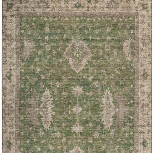 8' X 10' Artichoke Green And Beige Oriental Washable Area Rug With UV Protection