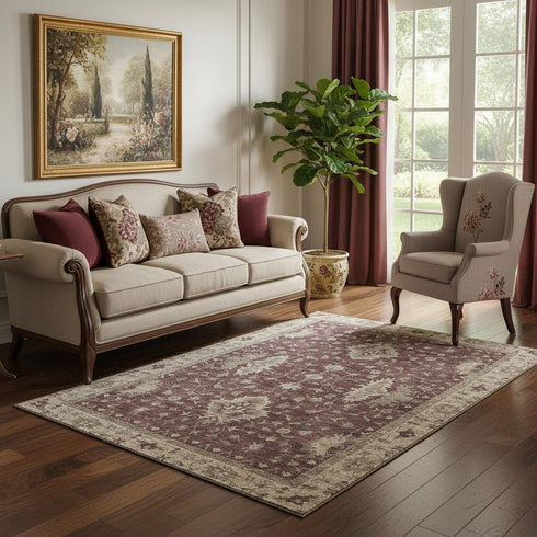 5' X 8' Burgundy And Beige Oriental Washable Area Rug With UV Protection