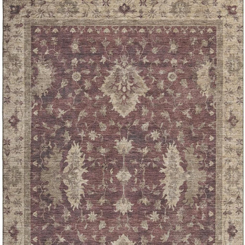 5' X 8' Burgundy And Beige Oriental Washable Area Rug With UV Protection