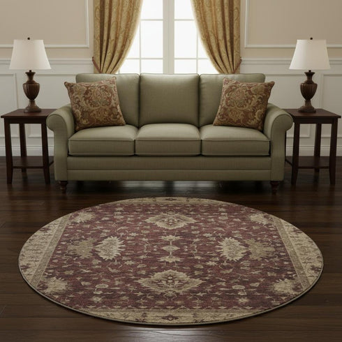 8' Burgundy And Beige Oriental Washable Round Rug With UV Protection