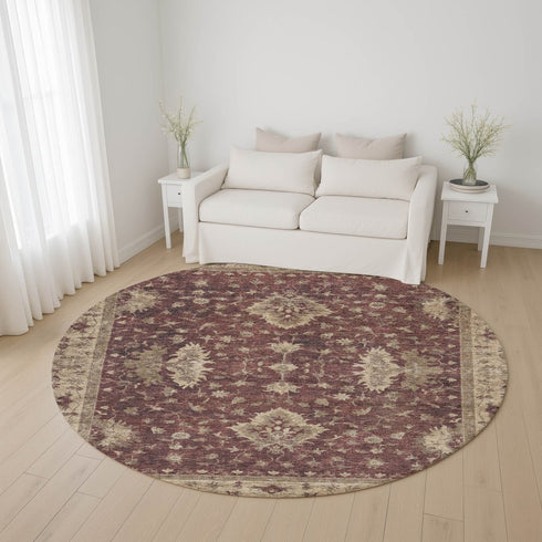 8' Burgundy And Beige Oriental Washable Round Rug With UV Protection