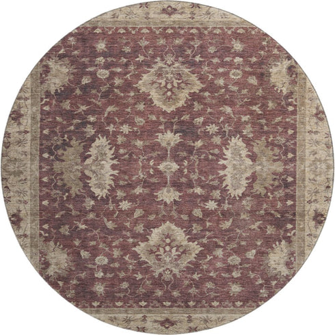 8' Burgundy And Beige Oriental Washable Round Rug With UV Protection