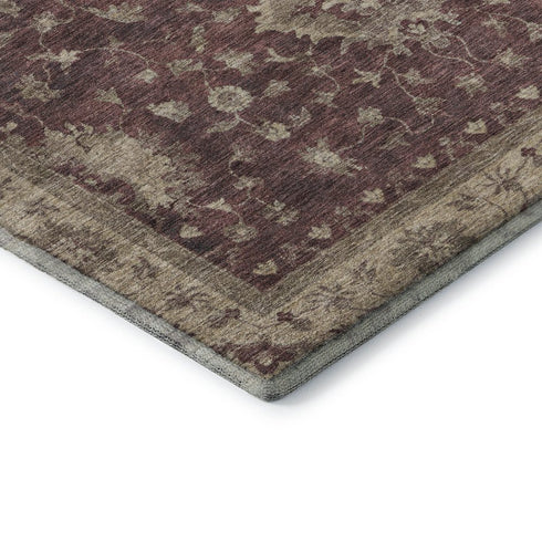 8' Burgundy And Beige Oriental Washable Round Rug With UV Protection