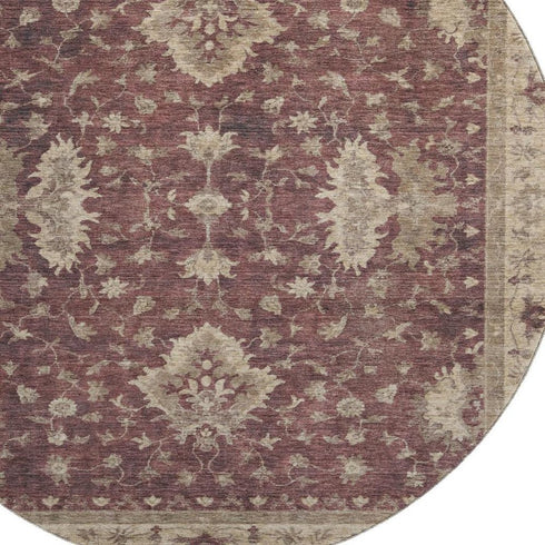 8' Burgundy And Beige Oriental Washable Round Rug With UV Protection