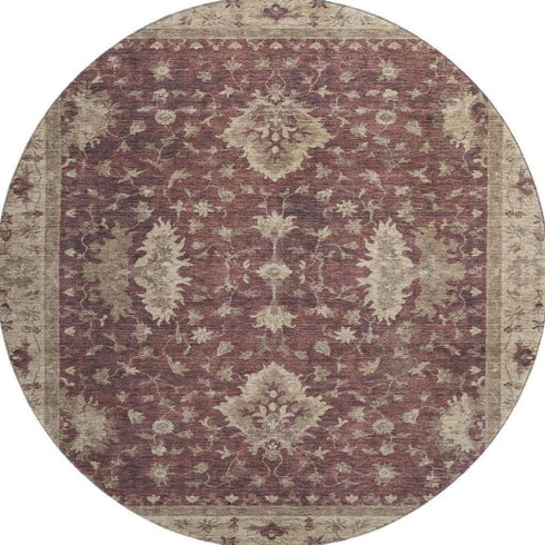 8' Burgundy And Beige Oriental Washable Round Rug With UV Protection