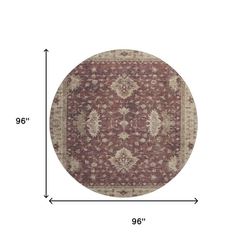 8' Burgundy And Beige Oriental Washable Round Rug With UV Protection