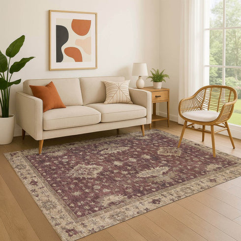 8' X 10' Burgundy And Beige Oriental Washable Area Rug With UV Protection