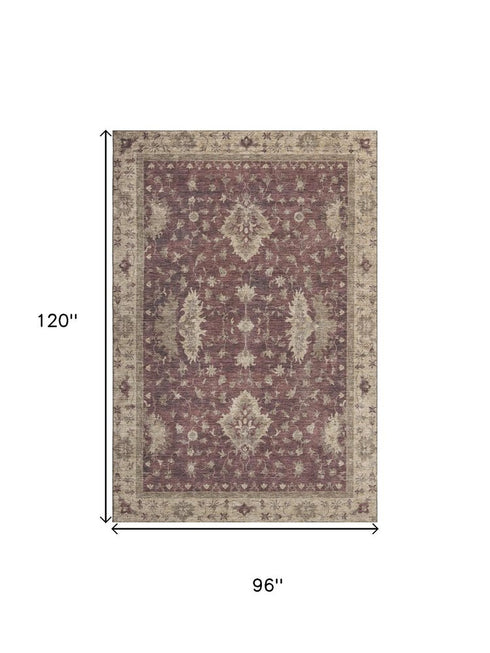 8' X 10' Burgundy And Beige Oriental Washable Area Rug With UV Protection