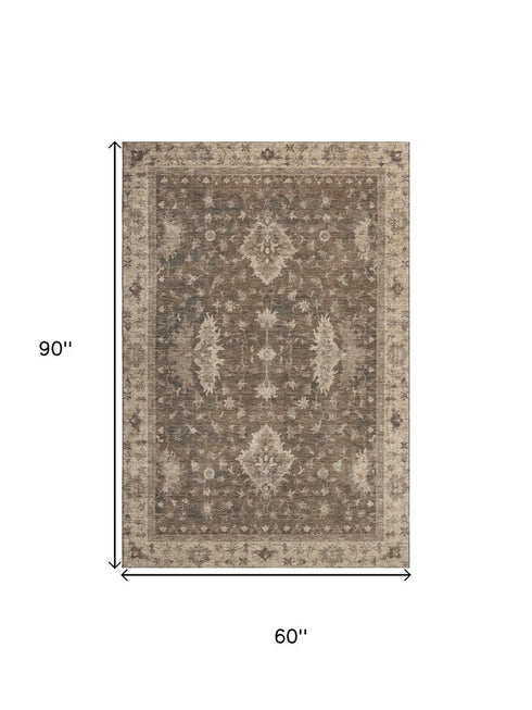 5' X 8' Brown And Beige Oriental Washable Area Rug With UV Protection