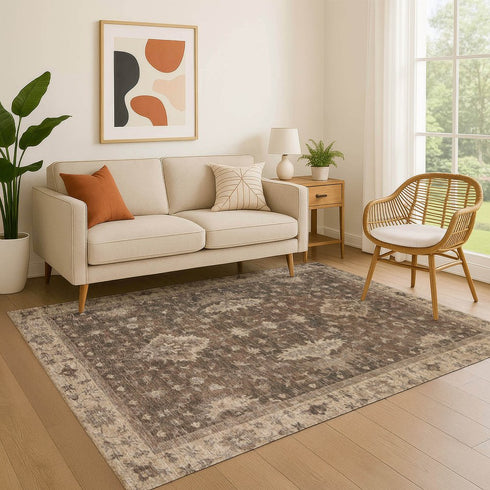 9' X 12' Brown And Beige Oriental Washable Area Rug With UV Protection