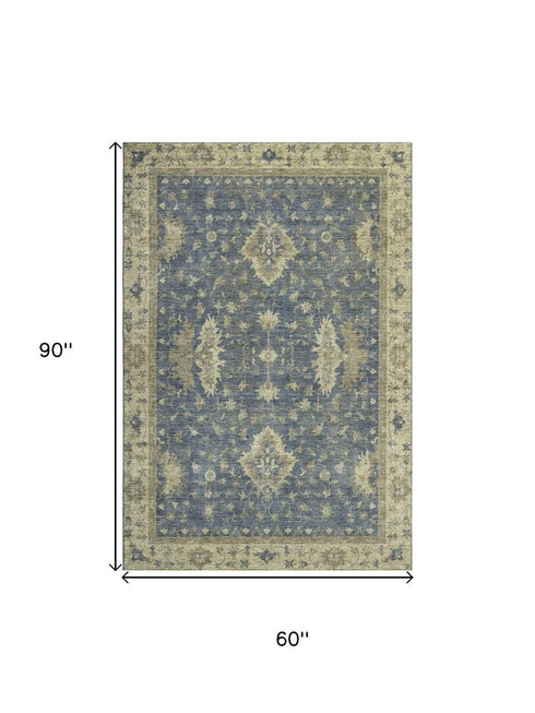 5' X 8' Blue And Olive Green Oriental Washable Area Rug With UV Protection