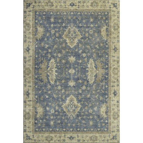 5' X 8' Blue And Olive Green Oriental Washable Area Rug With UV Protection
