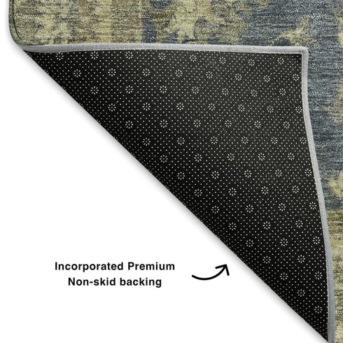 5' X 8' Blue And Olive Green Oriental Washable Area Rug With UV Protection