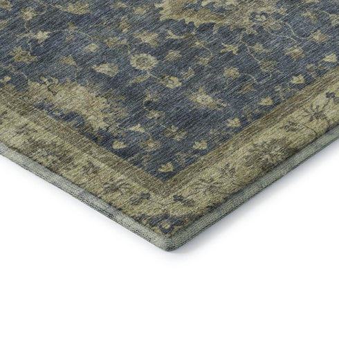 5' X 8' Blue And Olive Green Oriental Washable Area Rug With UV Protection