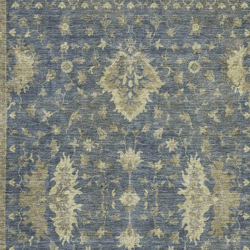 5' X 8' Blue And Olive Green Oriental Washable Area Rug With UV Protection