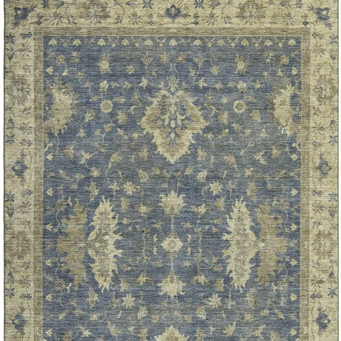 5' X 8' Blue And Olive Green Oriental Washable Area Rug With UV Protection