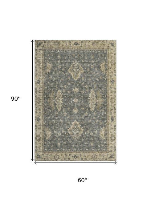 5' X 8' Gray And Beige Oriental Washable Area Rug With UV Protection