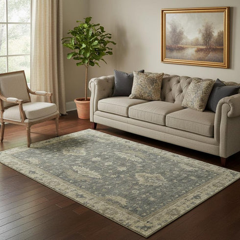 5' X 8' Gray And Beige Oriental Washable Area Rug With UV Protection