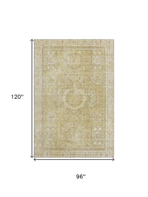 8' X 10' Beige And Gold Oriental Washable Area Rug With UV Protection