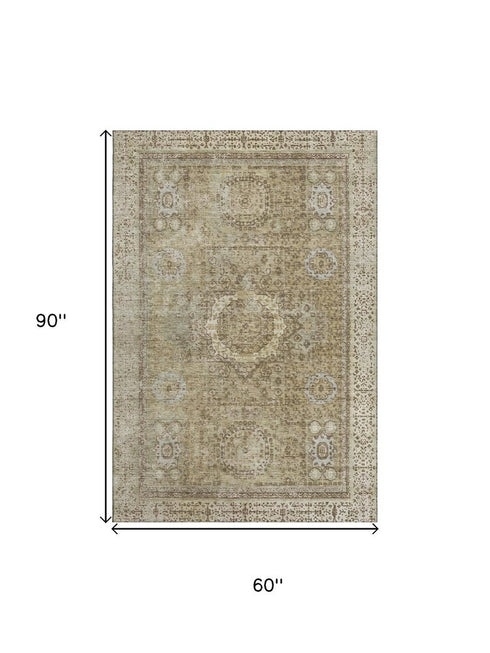 5' X 8' Brown And Beige Oriental Washable Area Rug With UV Protection