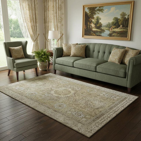 5' X 8' Brown And Beige Oriental Washable Area Rug With UV Protection