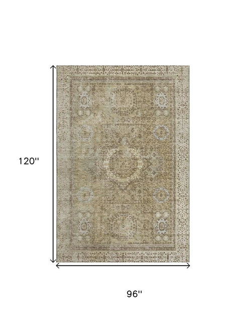 8' X 10' Brown And Beige Oriental Washable Area Rug With UV Protection