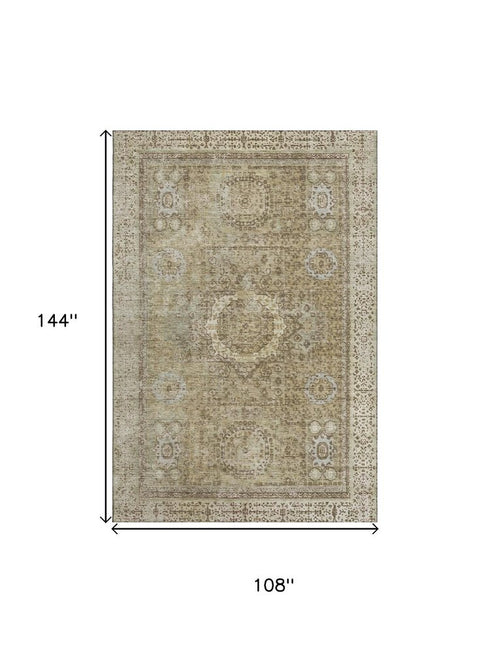 9' X 12' Brown And Beige Oriental Washable Area Rug With UV Protection