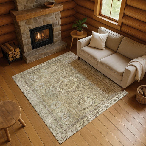9' X 12' Brown And Beige Oriental Washable Area Rug With UV Protection