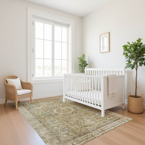 9' X 12' Brown And Beige Oriental Washable Area Rug With UV Protection