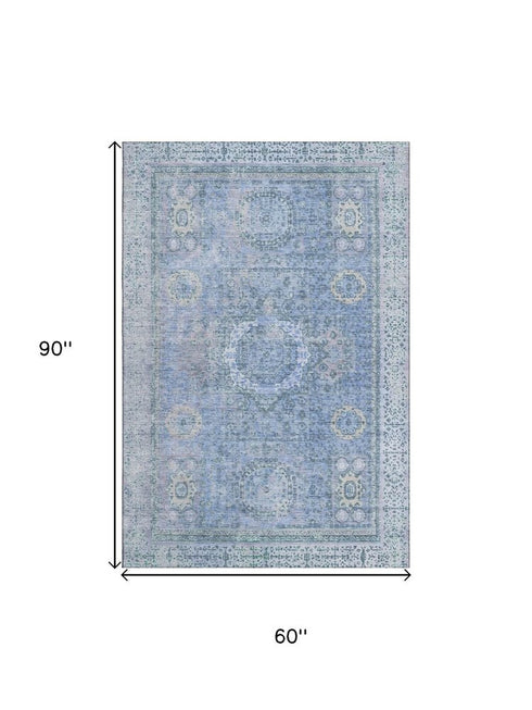 5' X 8' Blue And Gray Oriental Washable Area Rug With UV Protection