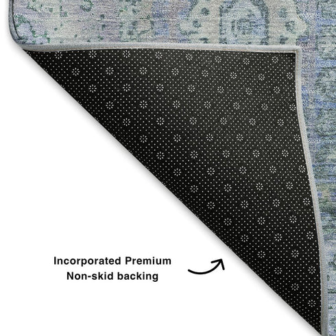 5' X 8' Blue And Gray Oriental Washable Area Rug With UV Protection