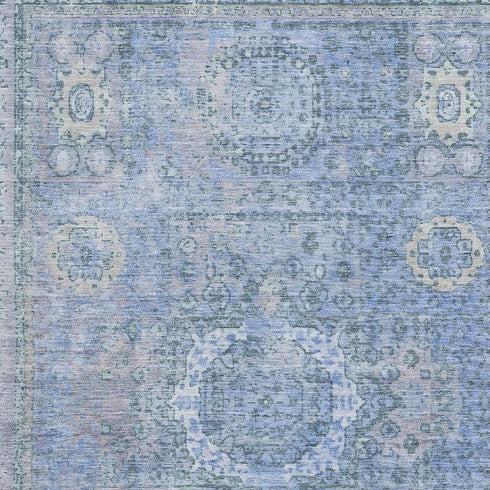 5' X 8' Blue And Gray Oriental Washable Area Rug With UV Protection