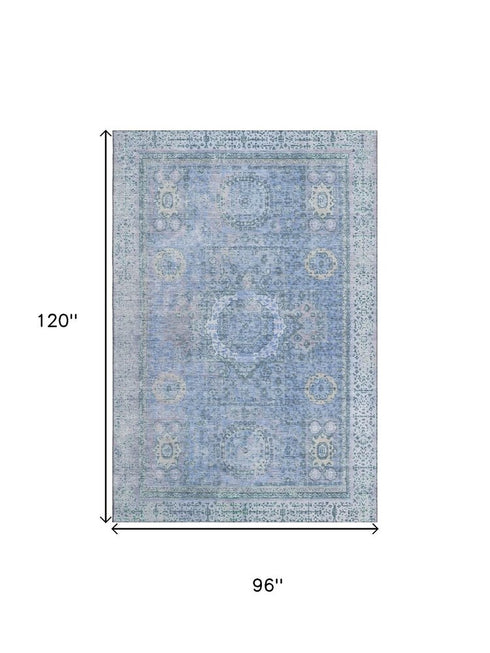 8' X 10' Blue And Gray Oriental Washable Area Rug With UV Protection