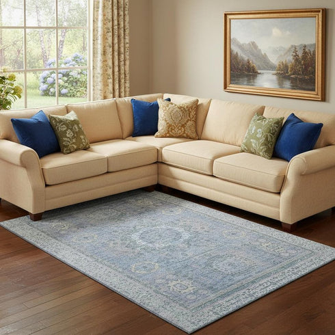 8' X 10' Blue And Gray Oriental Washable Area Rug With UV Protection
