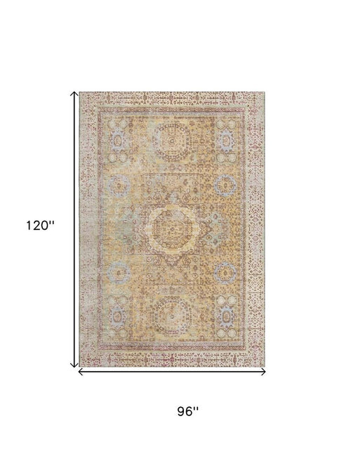 8' X 10' Gold And Beige Oriental Washable Area Rug With UV Protection