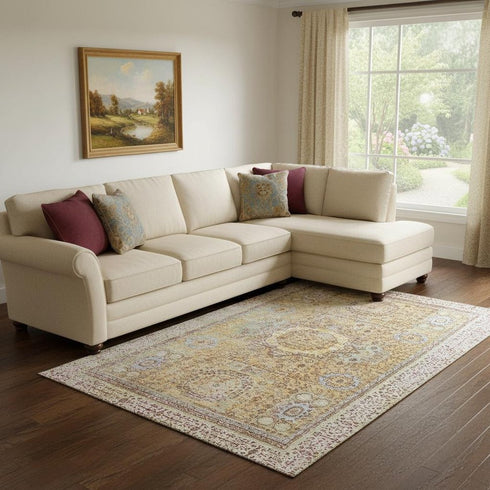 8' X 10' Gold And Beige Oriental Washable Area Rug With UV Protection