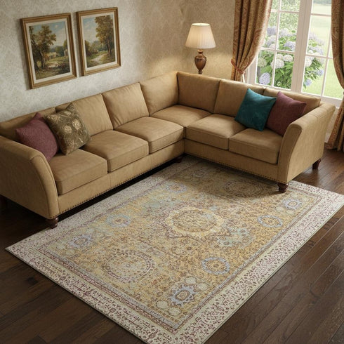 9' X 12' Gold And Beige Oriental Washable Area Rug With UV Protection