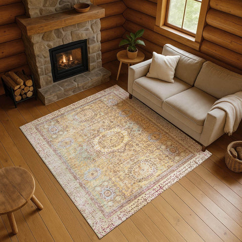 9' X 12' Gold And Beige Oriental Washable Area Rug With UV Protection