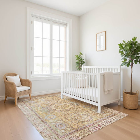 9' X 12' Gold And Beige Oriental Washable Area Rug With UV Protection