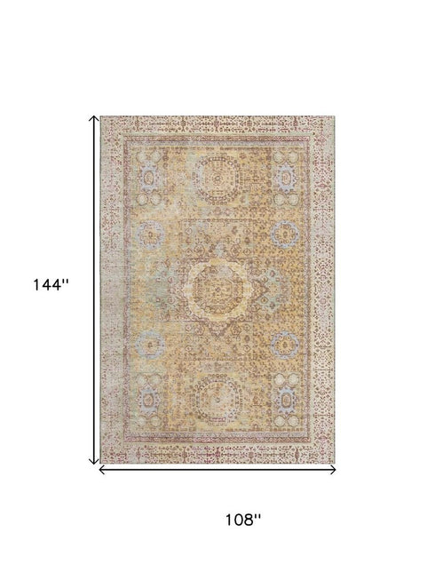 9' X 12' Gold And Beige Oriental Washable Area Rug With UV Protection