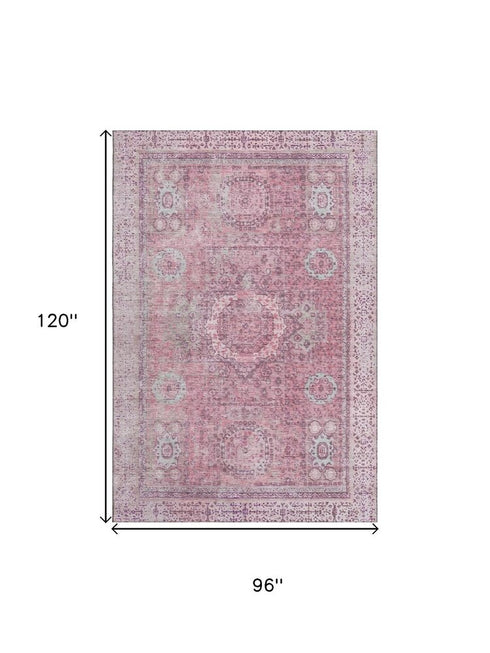 8' X 10' Pink And Gray Oriental Washable Area Rug With UV Protection