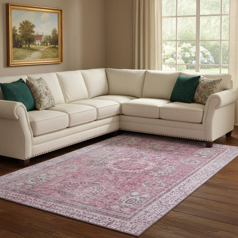 8' X 10' Pink And Gray Oriental Washable Area Rug With UV Protection