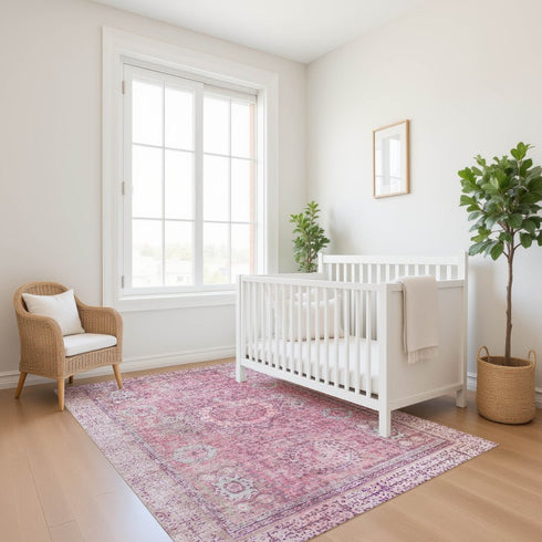 8' X 10' Pink And Gray Oriental Washable Area Rug With UV Protection