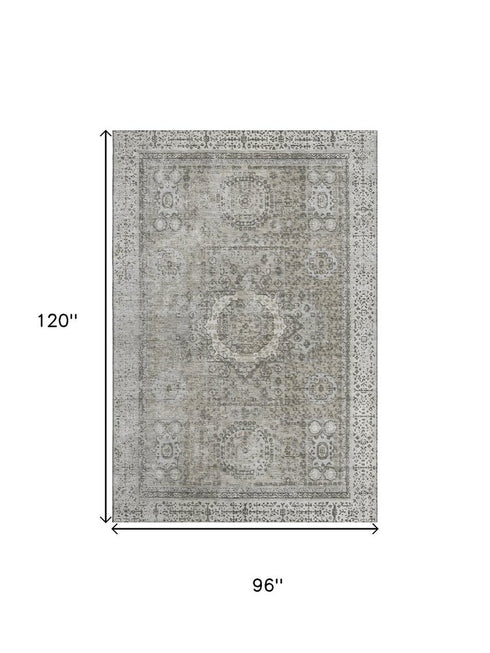 8' X 10' Pewter And Silver Oriental Washable Area Rug With UV Protection