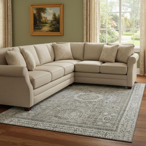 8' X 10' Pewter And Silver Oriental Washable Area Rug With UV Protection