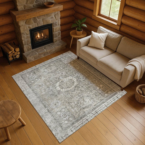 8' X 10' Pewter And Silver Oriental Washable Area Rug With UV Protection