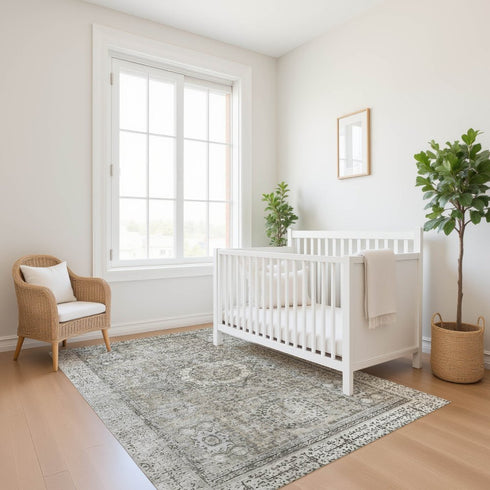 8' X 10' Pewter And Silver Oriental Washable Area Rug With UV Protection