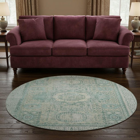 8' Turquoise And Beige Oriental Washable Round Rug With UV Protection